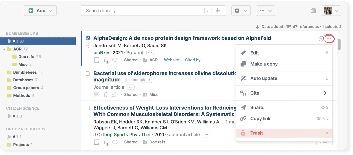 A reference in a shared library with its circled three-dot menu open and Trash highlighted in red, below Edit, Make a copy, Auto update, Cite, Share… and Copy link.